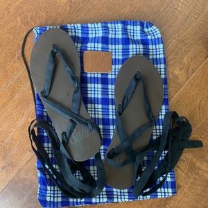 Sseko brown leather ribbon sandals & extra ribbon